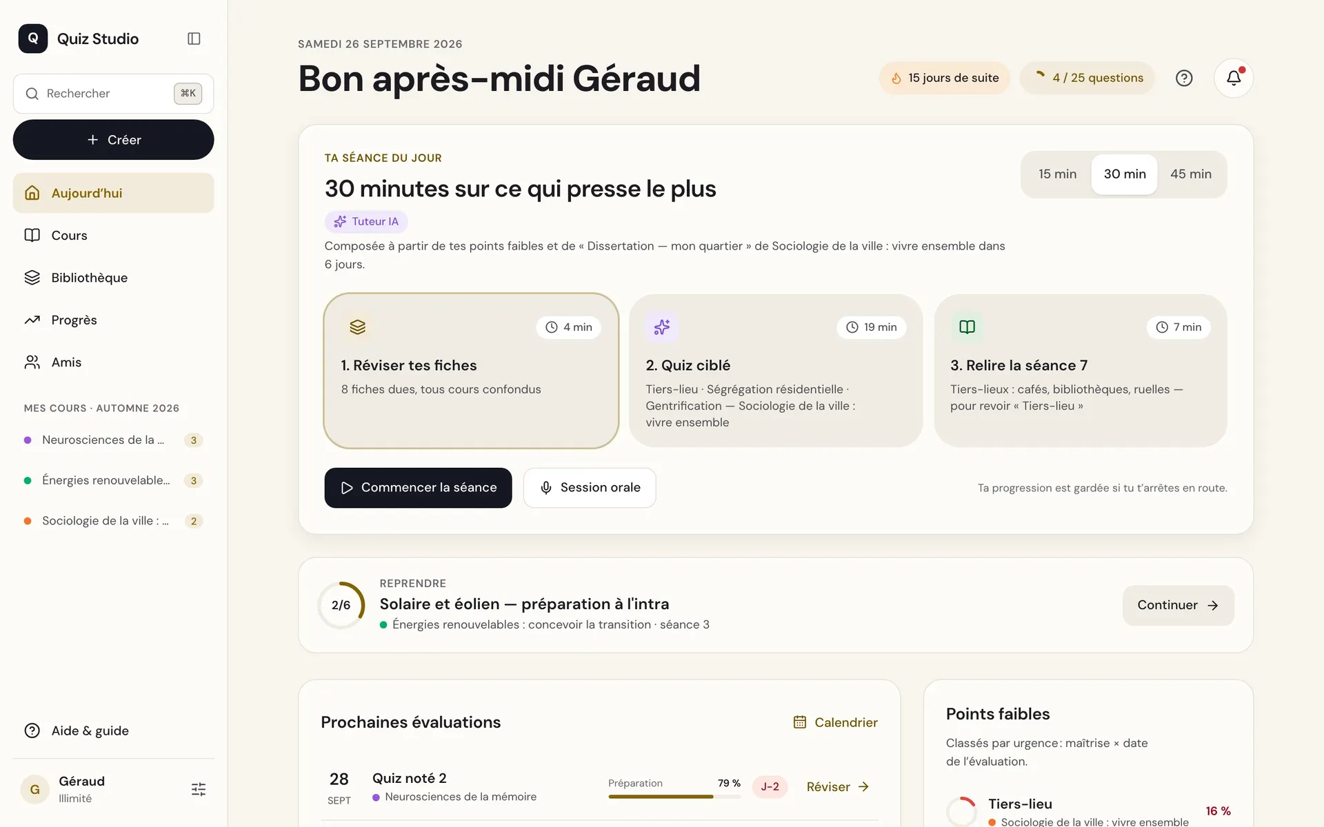 Quiz Studio sur ordinateur : la séance du jour et les prochaines évaluations.