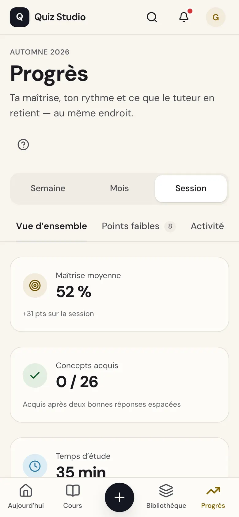 Quiz Studio sur téléphone : l’écran Progrès, avec la maîtrise moyenne et les concepts acquis.