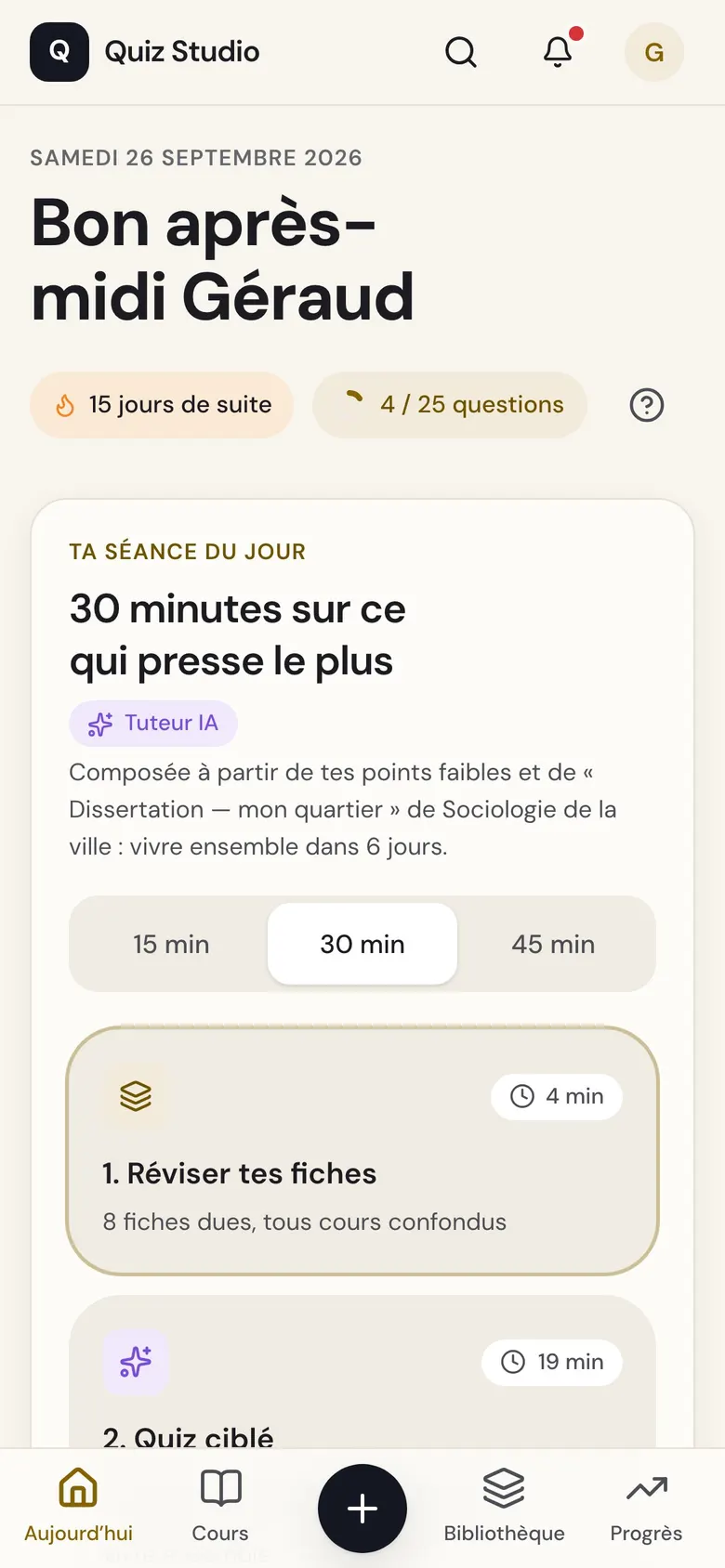 Quiz Studio sur téléphone : la séance du jour.