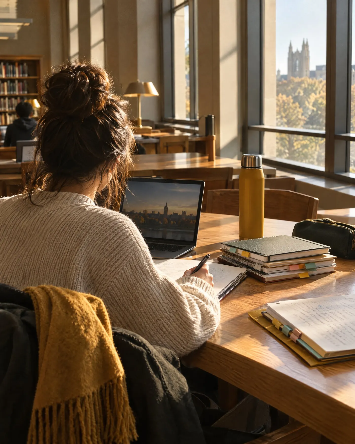 De dos, à une table de bibliothèque baignée de soleil, une personne écrit dans un cahier devant son ordinateur et une pile de notes.